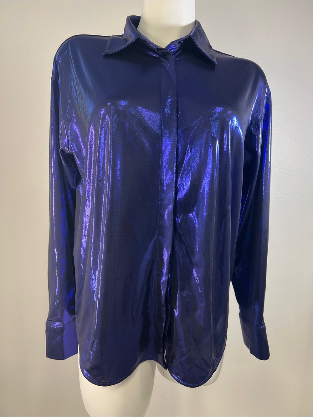 Anthropologie Metallic Deep Blue Long-Sleeve Button Up Blouse SMALL